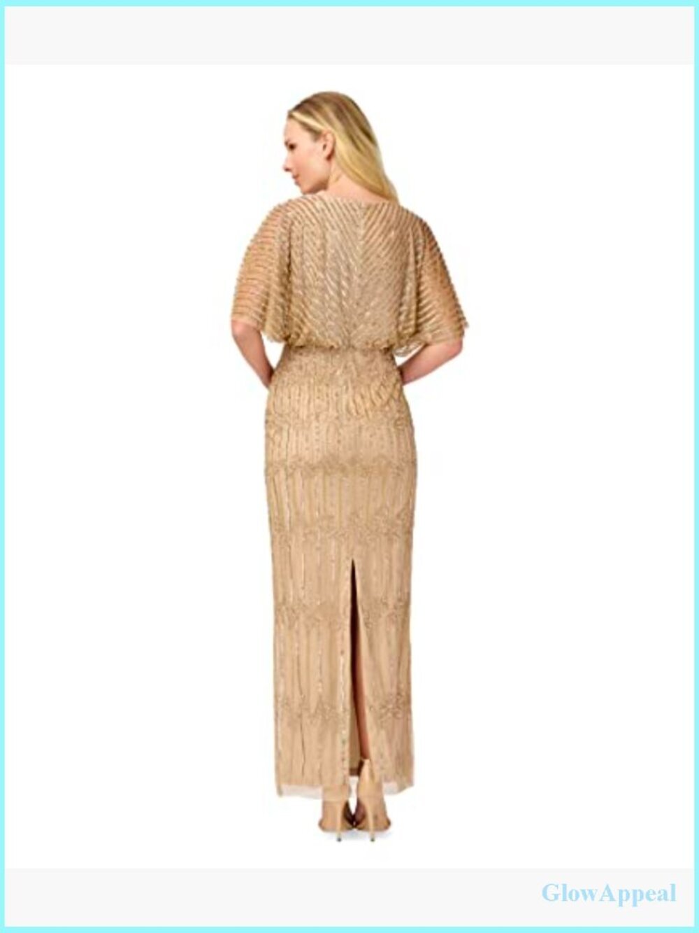 Long Beaded Blouson Formal Gown with Sheer Sleeves - Picture 2 of 2